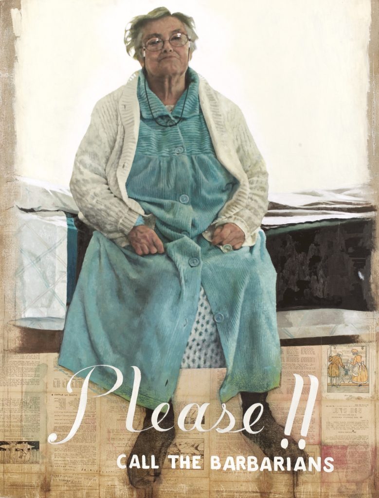 “La más grande lección de mi abuela”. Oil on paper glued on wood. 94 x 123 cm. Jair Leal 2003